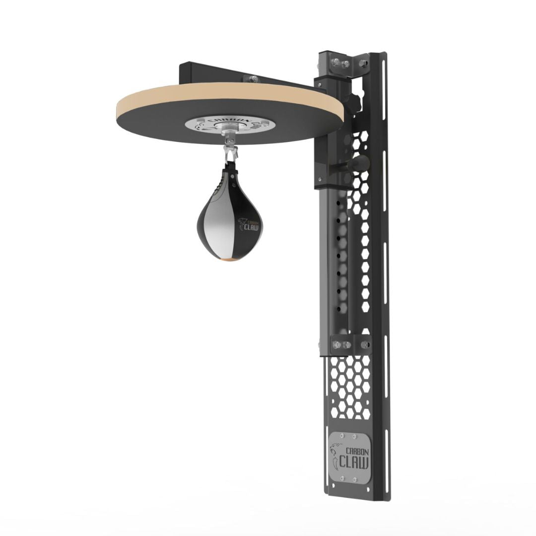 The Carbon Claw Laser Club Pro Speedball Frame features an adjustable height mechanism and a durable heavy-duty steel frame with a circular wooden board. The sleek black speed bag hanging in the center embodies the modern design synonymous with the Carbon Claw brand.