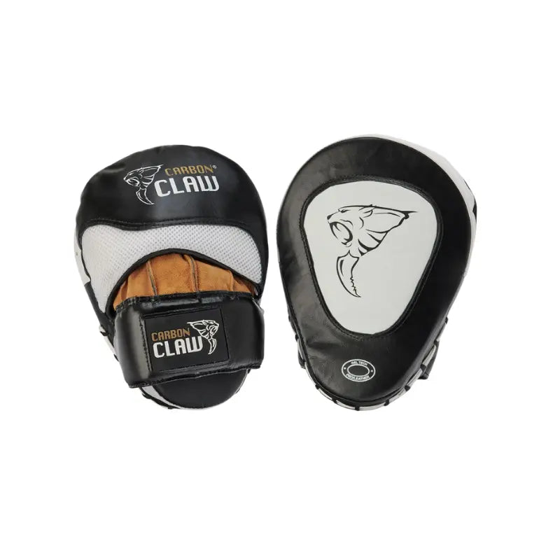 Pair of black and white martial arts training pads with 'Carbon Claw' branding on a white background.