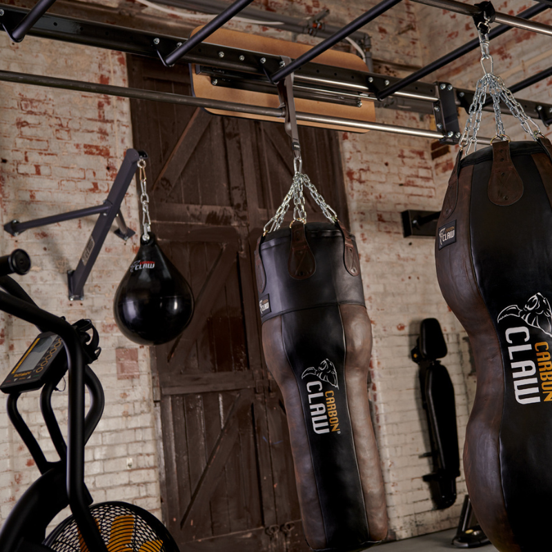 Gym equipment including punching bags and a speed ball hanging from the ceiling.