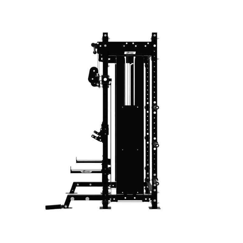Black and white image of the Exigo X70 Cable Half Rack by Exigo, a commercial-grade rack with adjustable pulleys, sturdy metal frame, and multiple attachment points for strength training, shown against a plain white background.