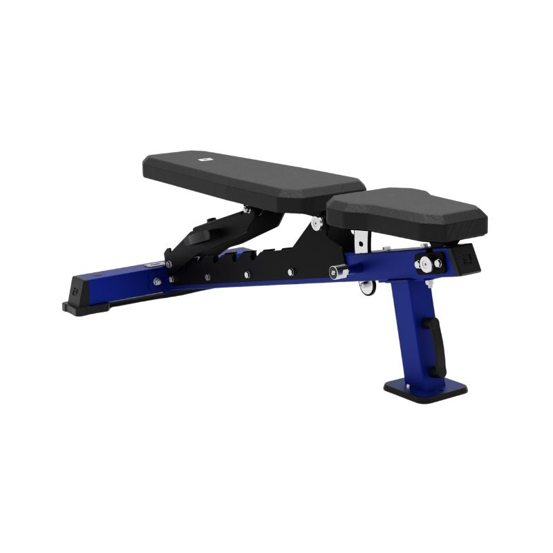 The Exigo EXIGO Adjustable Bench 2.0 – FID Weight Bench, in black and blue with padded seat and backrest, is a premium adjustable bench for strength training, shown against a plain white background.
