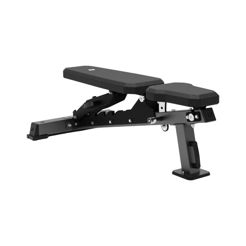 The EXIGO Adjustable Bench 2.0 – FID Weight Bench by Exigo is a premium black gym bench with a sturdy metal frame, padded seat and backrest, and multiple position settings for versatile workouts. Shown angled on a white background.