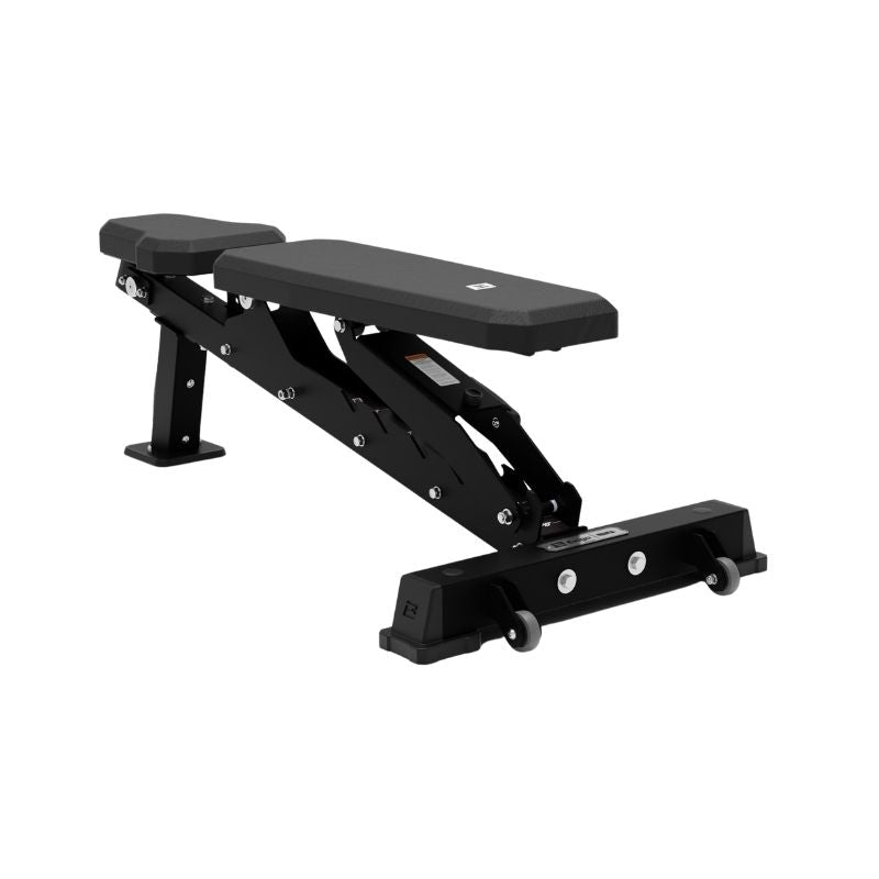 The Exigo EXIGO Adjustable Bench 2.0 – FID Weight Bench features a black padded seat and backrest on a sturdy metal frame with support bars, shown on a plain white background.
