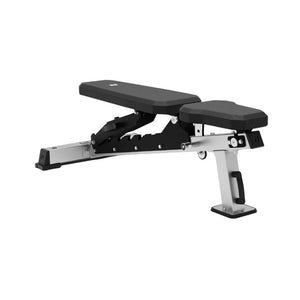 The Exigo Adjustable Bench 2.0 – FID Weight Bench is a premium black and silver gym bench with a padded seat, backrest, and sturdy metal frame by Exigo, shown on a plain white background.