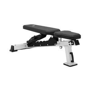 The Exigo EXIGO Adjustable Bench 2.0 – FID Weight Bench features a black and white padded seat and backrest, a sturdy metal frame, and adjustable incline, decline, and flat positions for versatile commercial use.