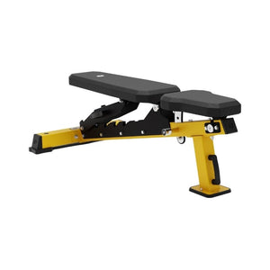 The Exigo Adjustable Bench 2.0 – FID Weight Bench is a black and yellow commercial bench with padded seat and backrest, a sturdy metal frame, and support handle, ideal for strength training exercises.
