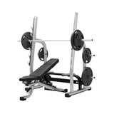 The Exigo EXIGO Adjustable Olympic Bench – Commercial Barbell Bench, in silver and black, features a barbell with weight plates on a squat rack and side pegs. Ideal for barbell training and strength exercises.