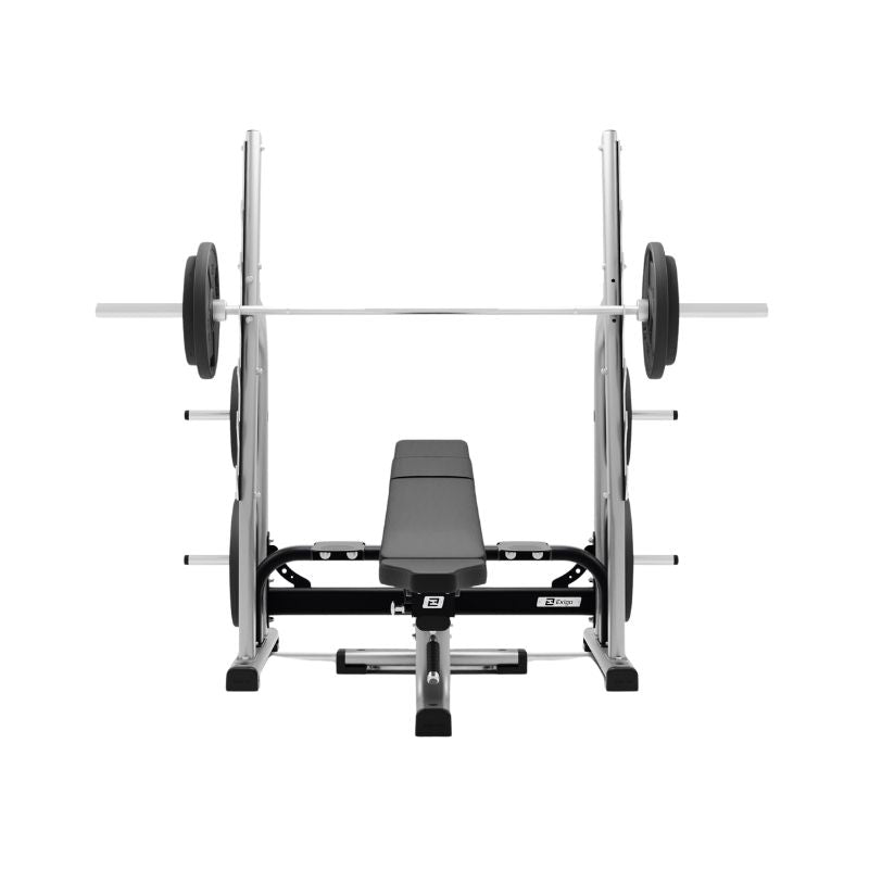 The Exigo Adjustable Olympic Bench – a commercial barbell bench by Exigo – is shown from the front with a loaded barbell on the rack, ideal for barbell training and set against a white background.