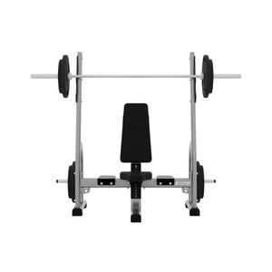 A front view of the Exigo EXIGO Adjustable Olympic Bench – Commercial Barbell Bench shows a black padded bench, silver barbell with weight plates, and sturdy metal frame—ideal for barbell training—on a white background.