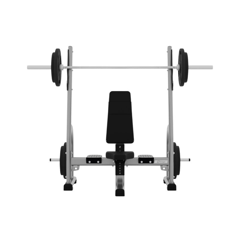 A front view of the Exigo EXIGO Adjustable Olympic Bench – Commercial Barbell Bench shows a black padded bench, silver barbell with weight plates, and sturdy metal frame—ideal for barbell training—on a white background.