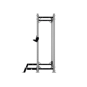 The Exigo X70 Half Rack by Exigo is a metal power rack with a pull-up bar and adjustable attachments, designed for strength training and weightlifting in commercial gyms, shown on a plain white background.