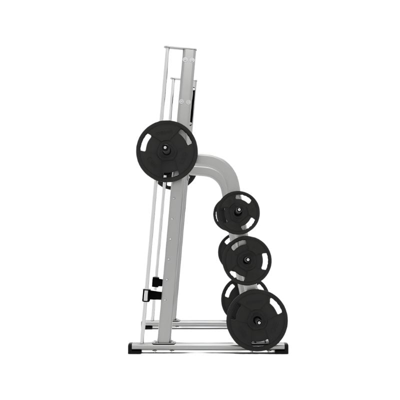 Side view of the EXIGO Plate Loaded Smith Machine by Exigo, a staple in commercial gym equipment, holding black weight plates of various sizes on its pegs against a white background.