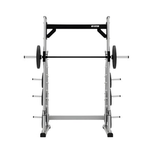 Front view of the EXIGO Plate Loaded Smith Machine by Exigo in silver and black, featuring a barbell with weight plates—perfect commercial gym equipment for weight training and strength exercises.