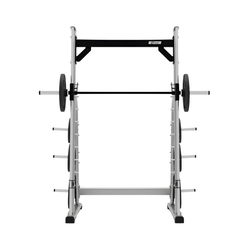 Front view of the EXIGO Plate Loaded Smith Machine by Exigo in silver and black, featuring a barbell with weight plates—perfect commercial gym equipment for weight training and strength exercises.