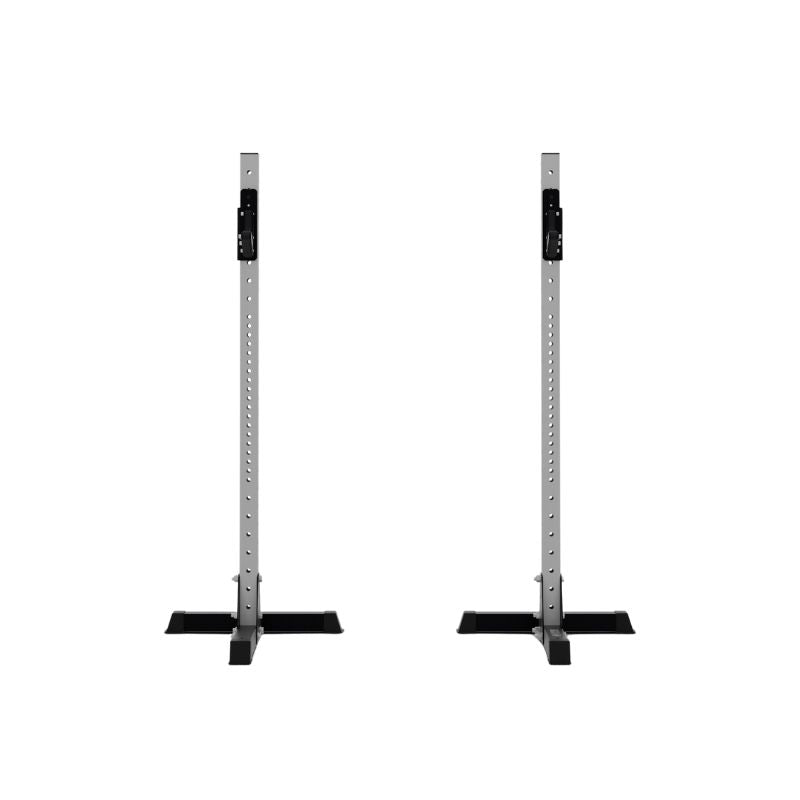 The Exigo X70 Free Standing Squat Stands by Exigo feature gray metal uprights with black bases, shown side by side on a plain white background—perfect for heavy barbell training at home.
