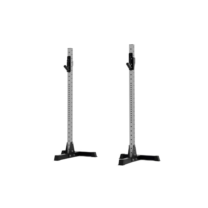 The Exigo X70 Free Standing Squat Stands by Exigo feature adjustable, black bases—ideal for heavy barbell training in your home gym.