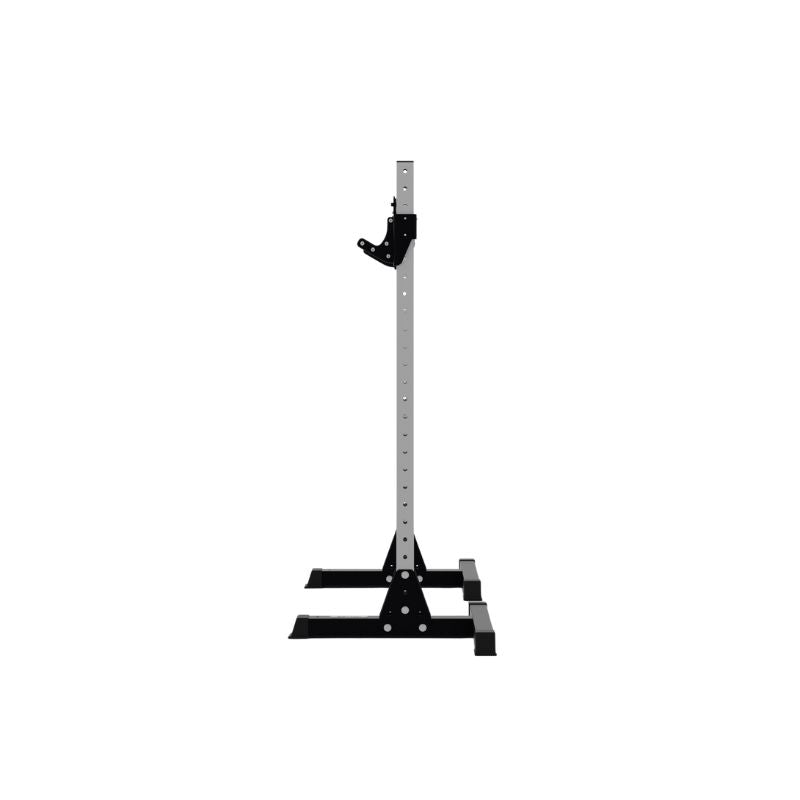 Side view of Exigo X70 Free Standing Squat Stands with a black base, silver post, and adjustable barbell holder—perfect for heavy home gym training. Branded by Exigo and set against a plain white background.
