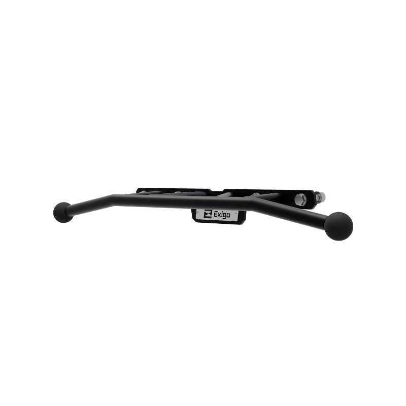 The Exigo X70 Angled Pull Up Bar by Exigo is a black metal multi-grip pull up bar with rounded ends and a central bracket, designed for wall or ceiling mounting—perfect for versatile upper body workouts.