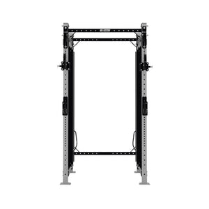 The Exigo X70 Cable Power Rack by Exigo is a commercial black and silver rack with adjustable features and an integrated cable system, designed for weightlifting. Shown from the front against a plain white background.
