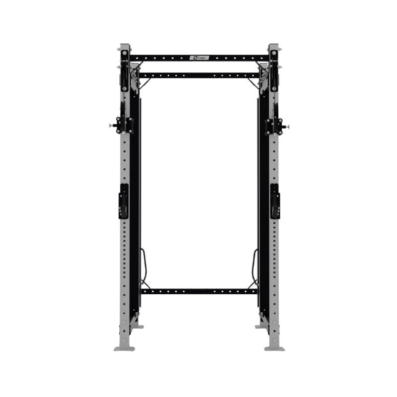 The Exigo X70 Cable Power Rack by Exigo is a commercial black and silver rack with adjustable features and an integrated cable system, designed for weightlifting. Shown from the front against a plain white background.