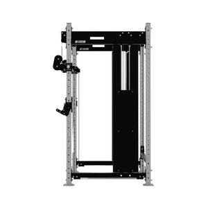 The Exigo X70 Cable Power Rack by Exigo features a black and silver frame, adjustable pulleys, weight stack, and an integrated cable system for strength training—offering commercial power rack versatility for your home gym.