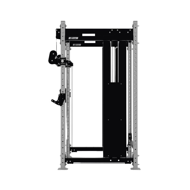 The Exigo X70 Cable Power Rack by Exigo features a black and silver frame, adjustable pulleys, weight stack, and an integrated cable system for strength training—offering commercial power rack versatility for your home gym.