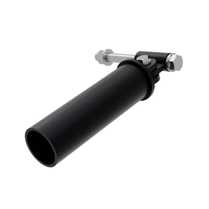 The Exigo X70 Landmine Attachment by Exigo is a black cylindrical pipe fitting with a flange and metal bolt assembly on top, designed for the X70 rotational training station, shown isolated on a white background.