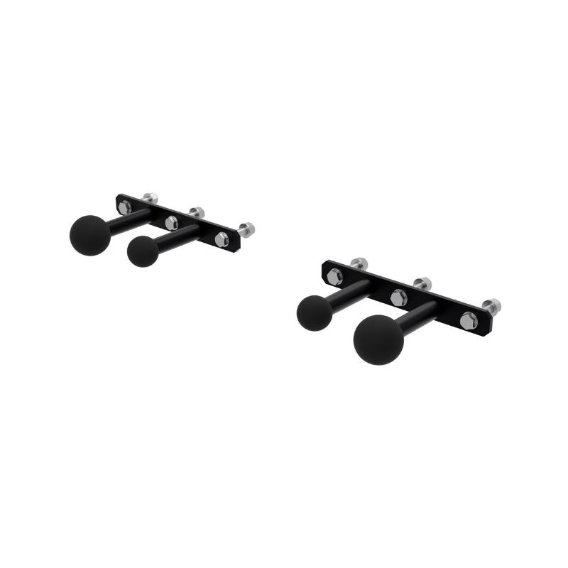 The Exigo X70 Multi Ball Grip Pull-Up Bar by Exigo features two black metal wall-mounted racks, each with three rounded hooks for holding items or grip training accessories. The minimalist racks have visible mounting screws and are set against a white background.