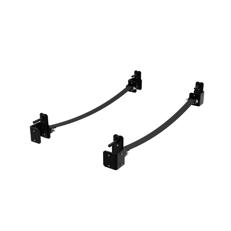 Two black Exigo metal brackets with mounting plates, designed for the Exigo X70 Safety Straps (Pair), provide secure barbell protection during strength training. Both are shown parallel on a white background.