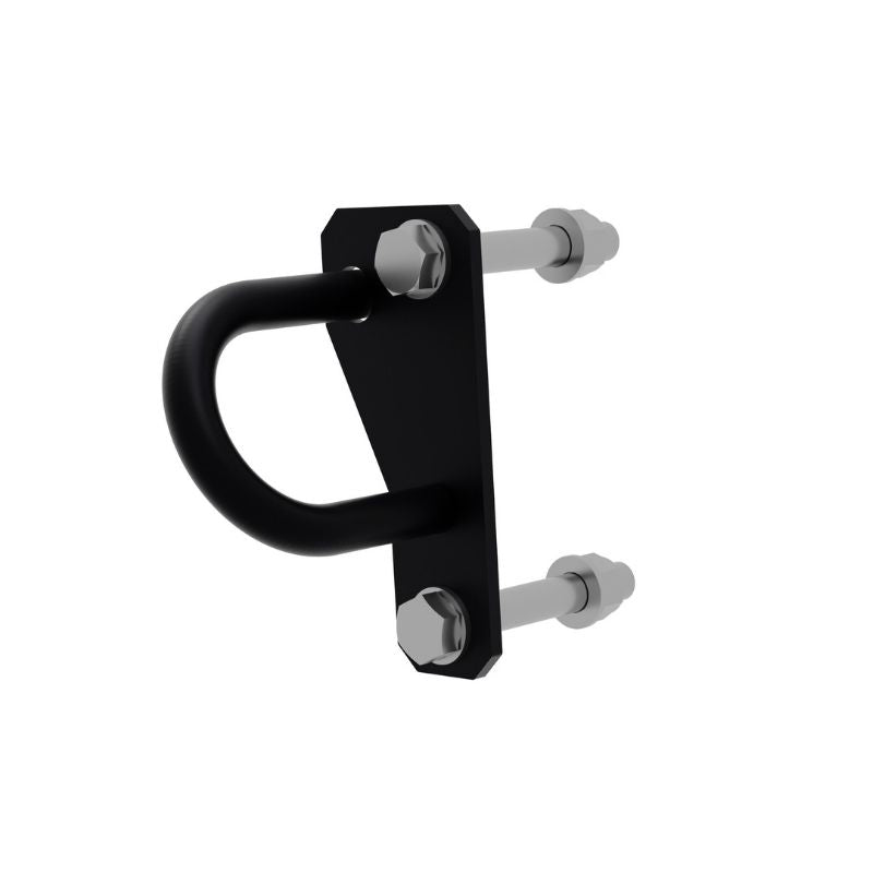 The Exigo X70 Single Loop by Exigo is a black U-bolt bracket with two silver bolts and nuts on a rectangular plate, designed as a functional training attachment for commercial gym equipment.