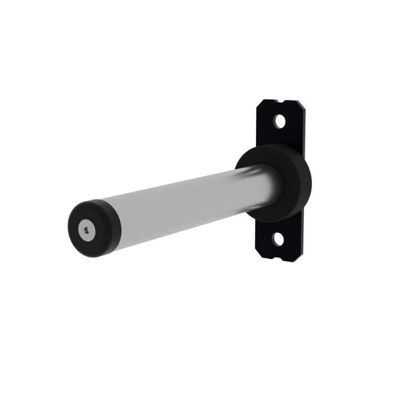 A sturdy metal bracket with a cylindrical 2" diameter rod and a rectangular black mounting plate with two screw holes, the Exigo X70 Bolt On Weight Horn (325mm) is ideal for storing weights or bars on compatible racks.