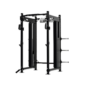 The Exigo X70 Cable Power Rack by Exigo is a black commercial weightlifting station with adjustable safety bars, pull-up bar, side plate storage pegs, and an integrated cable system, shown on a white background.