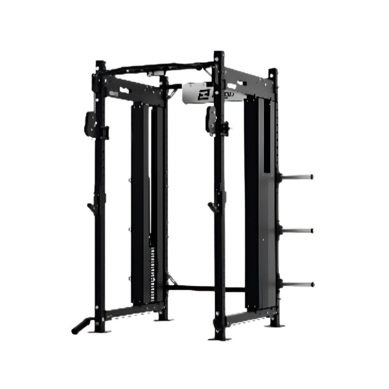 The Exigo X70 Cable Power Rack by Exigo is a black commercial weightlifting station with adjustable safety bars, pull-up bar, side plate storage pegs, and an integrated cable system, shown on a white background.
