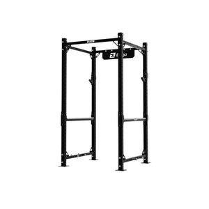 The Exigo X70 Compact Power Rack by Exigo is a black metal weightlifting rack with a pull-up bar and adjustable holes for gym equipment, ideal for home gyms, shown standing on a white background.