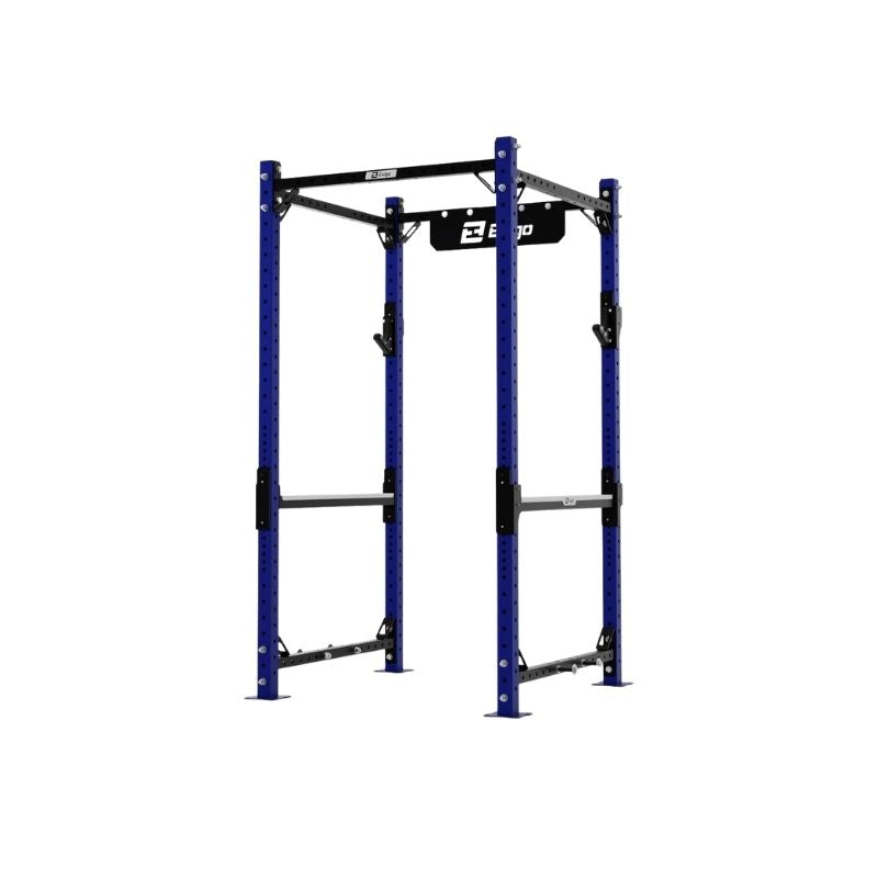 The Exigo X70 Compact Power Rack is a freestanding blue and black rack with multiple adjustable holes, a pull-up bar, and stabilizing crossbars by Exigo, designed for weightlifting and strength training.