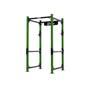 The EXIGO X70 Compact Power Rack by Exigo is a green and black freestanding unit featuring adjustable safety bars and a pull-up bar, perfect for commercial strength training and weightlifting.