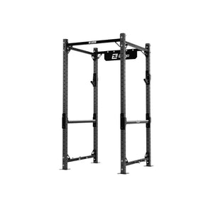 The Exigo X70 Compact Power Rack is a freestanding, gray metal power rack with adjustable supports and a pull-up bar, perfect for weightlifting and strength training in home gyms, shown against a plain white background.