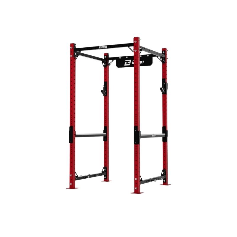 The Exigo X70 Compact Power Rack is a red and black commercial rack with adjustable bar placements, sturdy base plates for stability, and a pull-up bar—perfect for weightlifting and strength training.