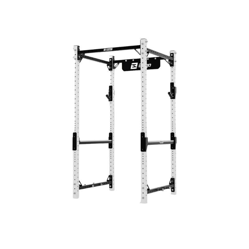 The Exigo EXIGO X70 Compact Power Rack in black and white features adjustable safety bars, J-hooks, and a pull-up bar—ideal home gym equipment—displayed on a plain white background.