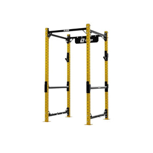 The Exigo X70 Compact Power Rack by Exigo is a yellow and black home gym rack with adjustable safety bars and a pull-up bar, ideal for strength training and weightlifting. The standalone rack is shown against a white background.