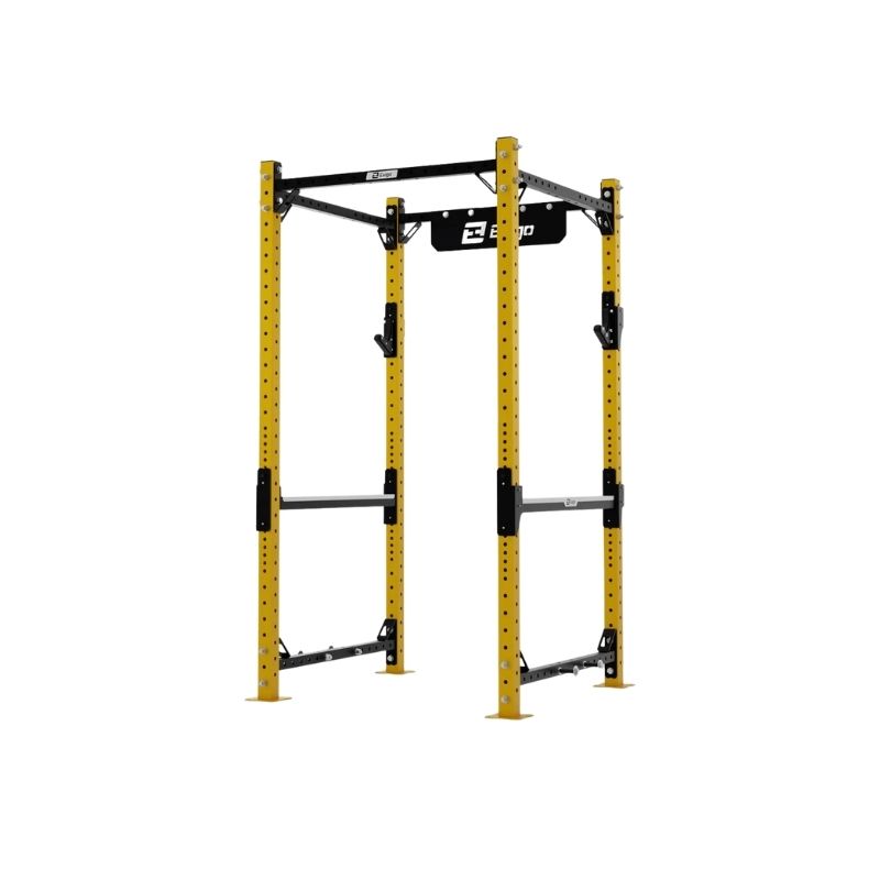 The Exigo X70 Compact Power Rack by Exigo is a yellow and black home gym rack with adjustable safety bars and a pull-up bar, ideal for strength training and weightlifting. The standalone rack is shown against a white background.