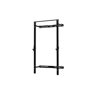 The Exigo X70 Folding Rack (Standard or Short Height) by Exigo is a black, space-saving squat rack with two vertical posts and horizontal support bars, perfect for home gym strength training, shown against a white background.