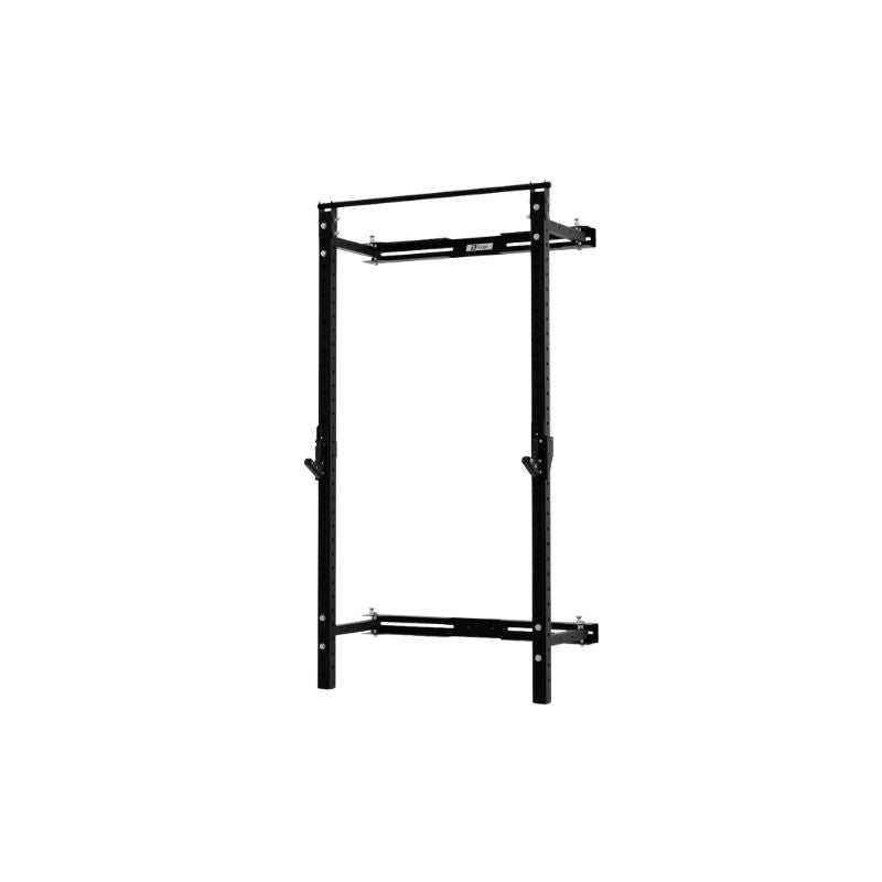 The Exigo X70 Folding Rack (Standard or Short Height) by Exigo is a black, space-saving squat rack with two vertical posts and horizontal support bars, perfect for home gym strength training, shown against a white background.