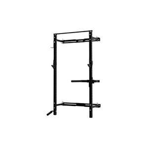 The Exigo X70 Folding Rack (Standard or Short Height) by Exigo is a black metal wall-mounted squat rack with adjustable bars and attachments, providing a compact strength training solution for your home gym. Shown against a plain white background.