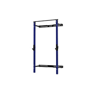 The Exigo X70 Folding Rack (Standard or Short Height) by Exigo is a blue and black steel squat rack with adjustable hooks and support bars, perfect for weightlifting and strength training in any home gym. Photographed against a plain white background.