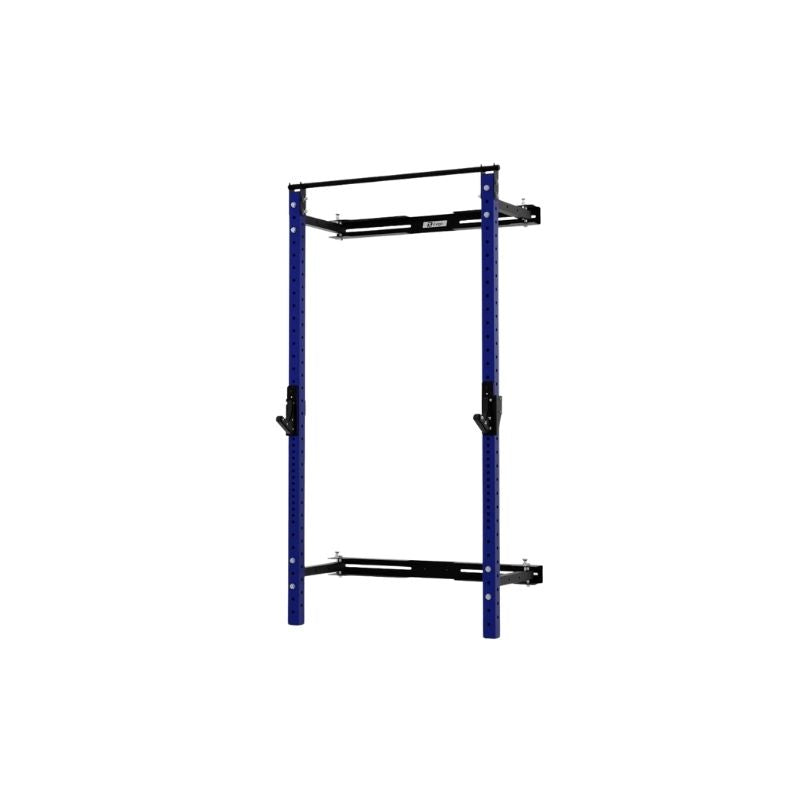 The Exigo X70 Folding Rack (Standard or Short Height) by Exigo is a blue and black steel squat rack with adjustable hooks and support bars, perfect for weightlifting and strength training in any home gym. Photographed against a plain white background.