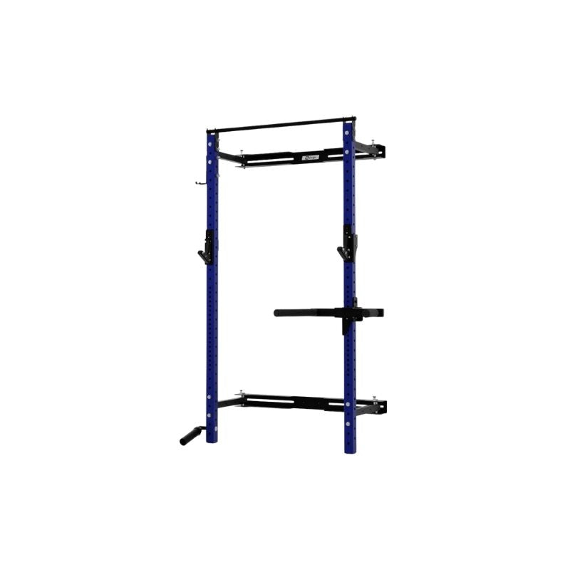 The Exigo X70 Folding Rack (Standard or Short Height) by Exigo is a blue and black wall-mounted squat rack with adjustable hooks and pull-up bar, offering a space-saving strength solution for home gyms. Shown against a plain white background.