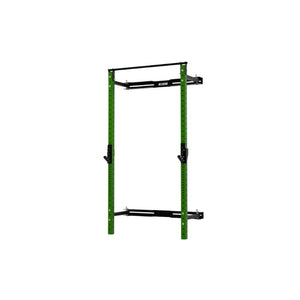 The Exigo X70 Folding Rack (Standard or Short Height) is a green and black wall-mounted metal squat rack with adjustable hooks and pull-up bar—an ideal space-saving strength solution for any home gym. Isolated on white background.