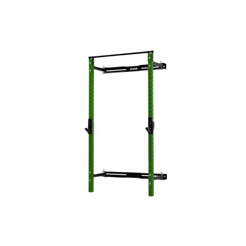 The Exigo X70 Folding Rack (Standard or Short Height) is a green and black wall-mounted metal squat rack with adjustable hooks and pull-up bar—an ideal space-saving strength solution for any home gym. Isolated on white background.