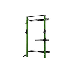 The Exigo X70 Folding Rack, available in Standard or Short Height, is a green and black wall-mounted squat rack with pull-up bar and adjustable attachments—a space-saving strength solution for home gyms. Freestanding against a white background.